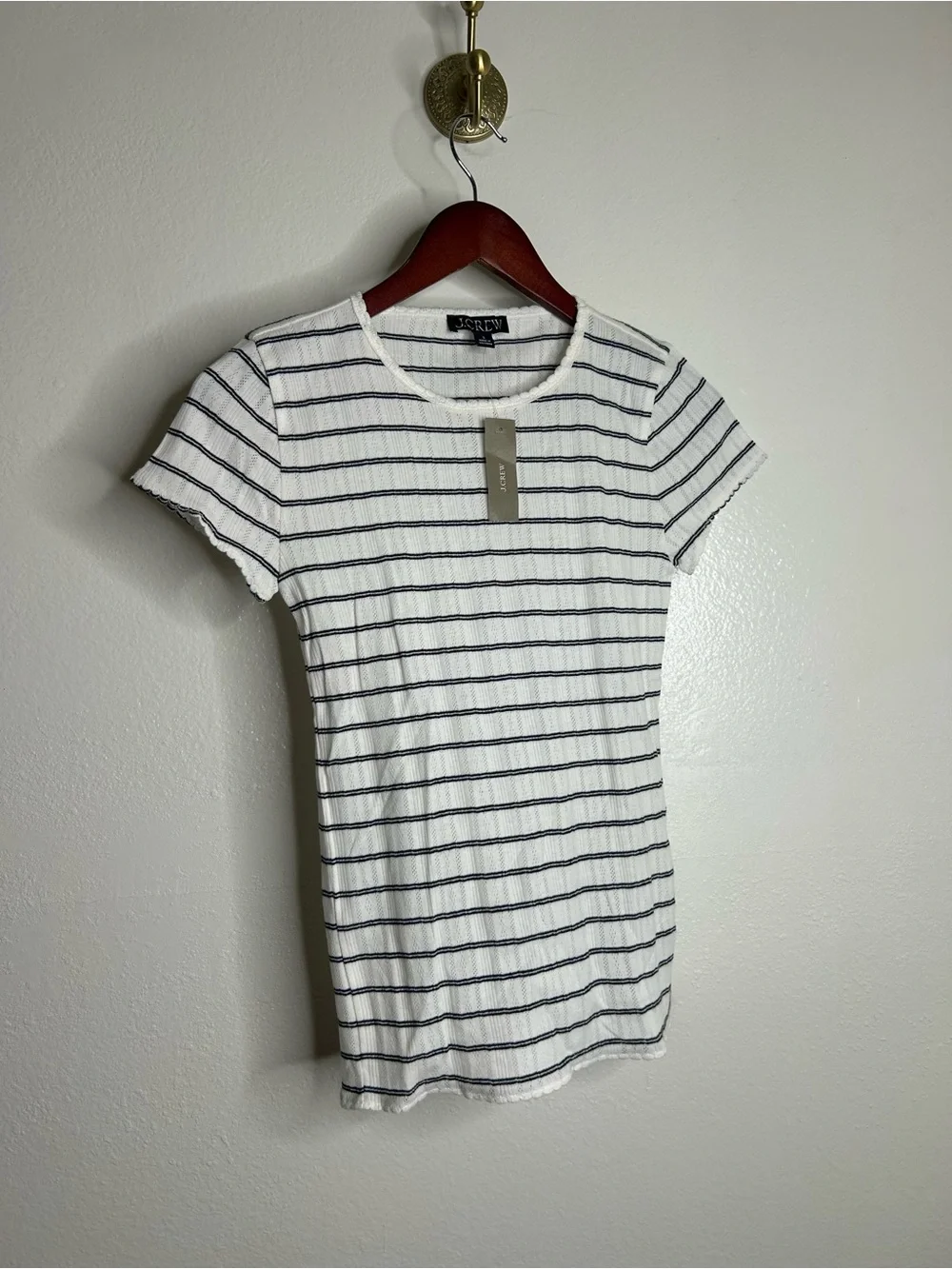 NWT J. Crew 100% Cotton Pointelle Knit White Black Striped Crew Neck T - Shirt